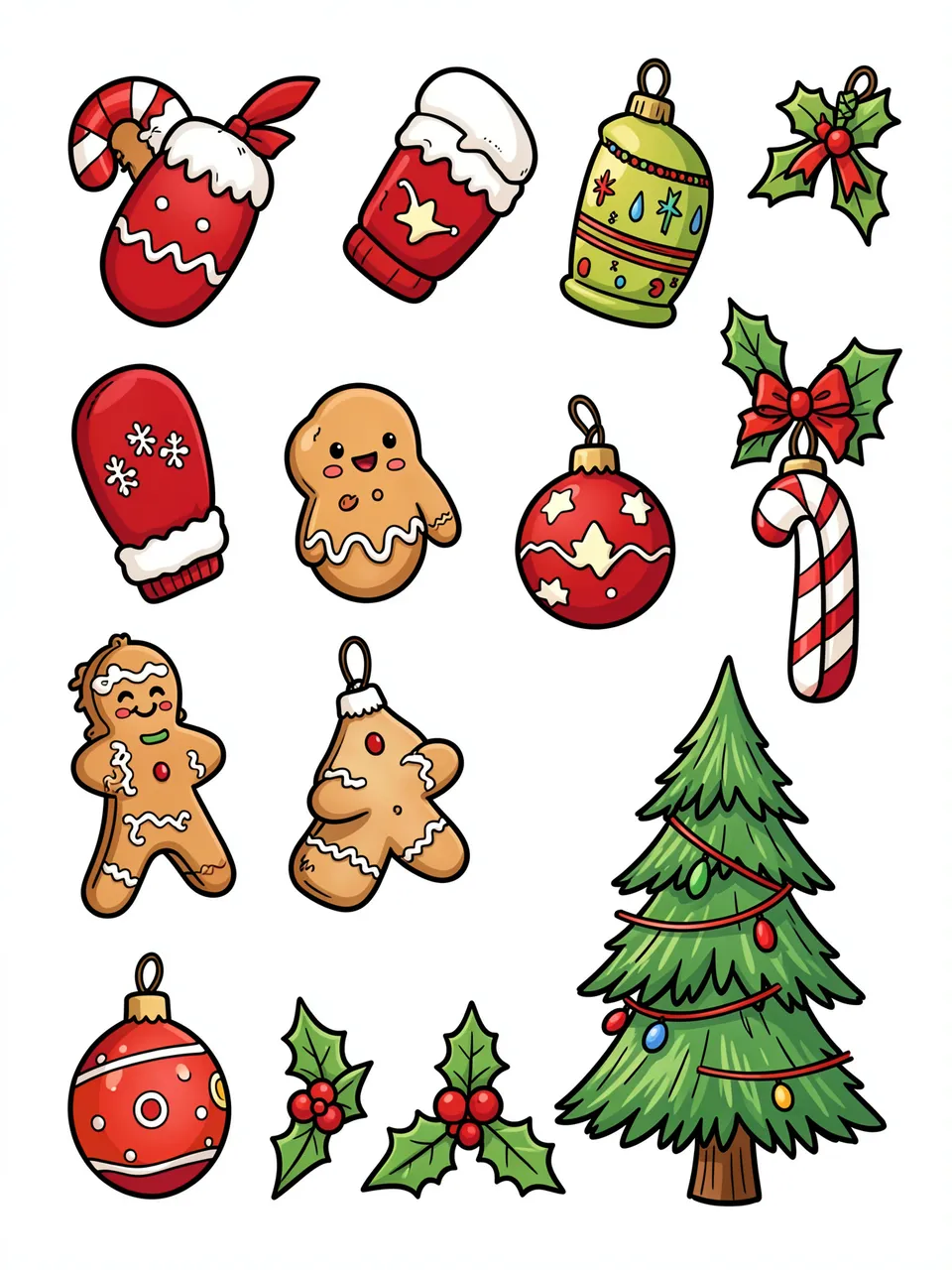 Set of playful hand-drawn style Christmas doodles on a plain white background