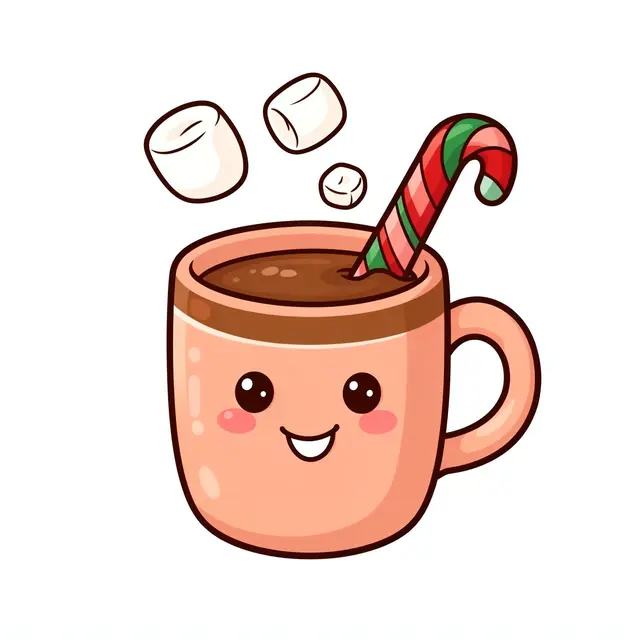 Cartoon kawaii hot cocoa mug with a smiling face, floating marshmallows and a peppermint stick isolated on white