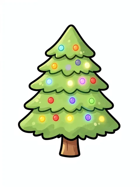 Chubby cartoon Christmas tree decorated with colorful glowing lights on a plain white background