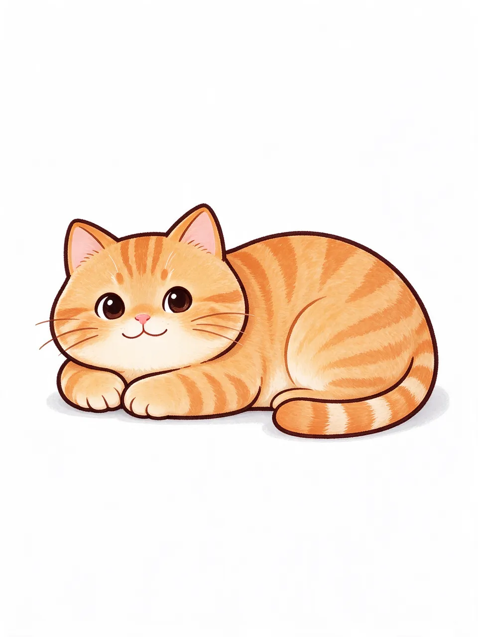 A chubby orange tabby cat lies curled gently on a plain white background with a soft smile.