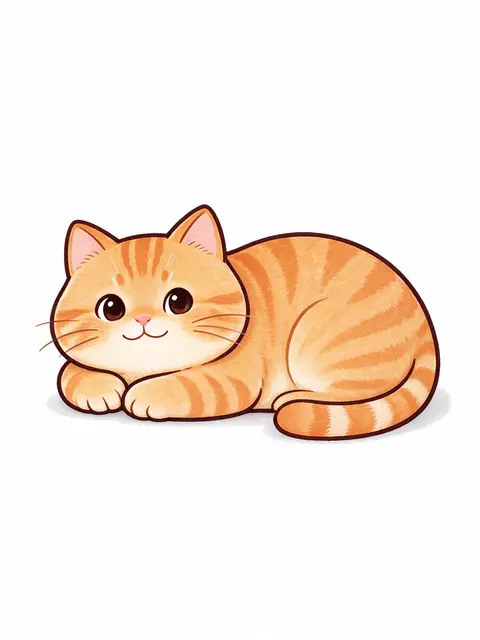 A chubby orange tabby cat lies curled gently on a plain white background with a soft smile.