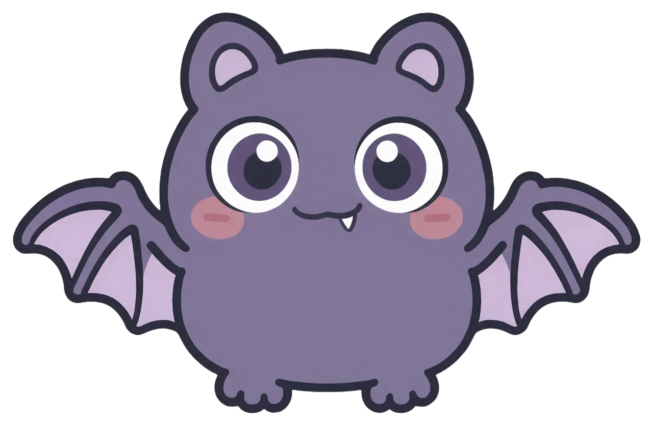 Friendly chubby purple bat cartoon illustration with big sparkly eyes spread its small rounded wings