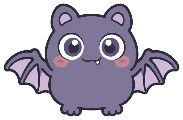 Friendly chubby purple bat cartoon illustration with big sparkly eyes spread its small rounded wings