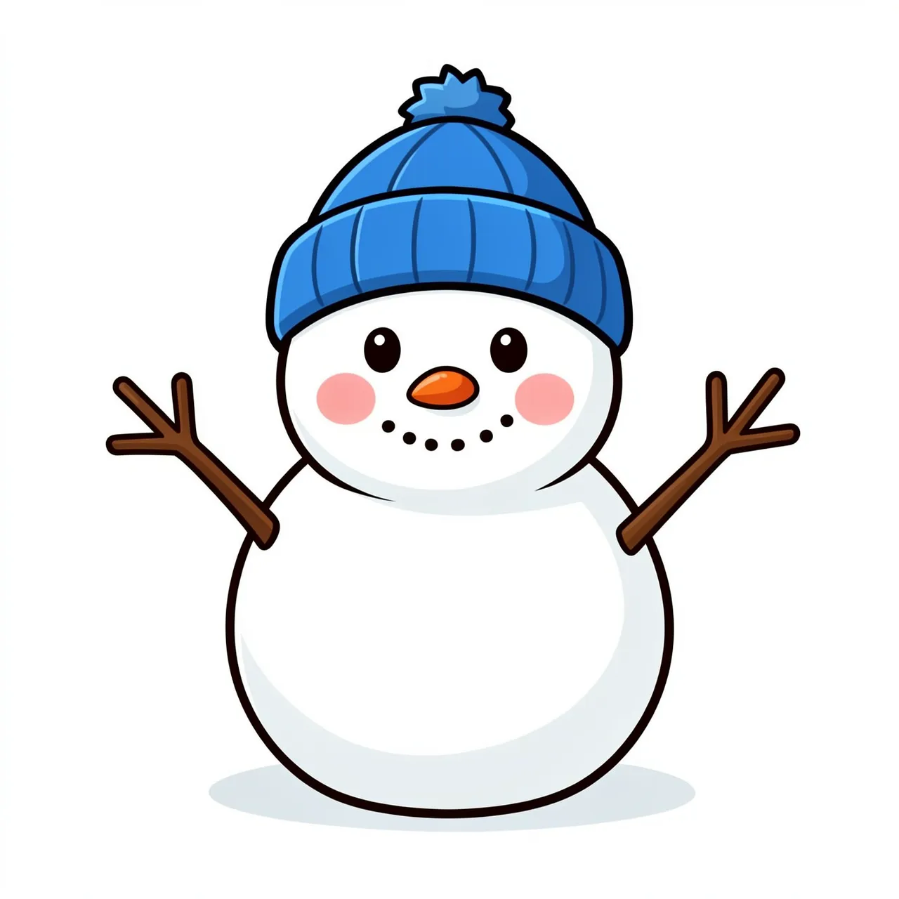 Cartoon chubby snowman with a blue knit beanie, rosy cheeks and twig arms stands against a plain white background