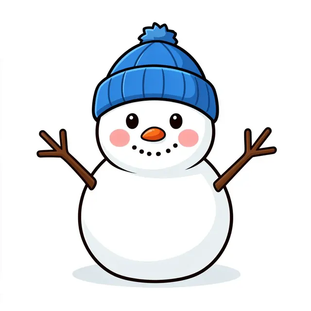 Cartoon chubby snowman with a blue knit beanie, rosy cheeks and twig arms stands against a plain white background