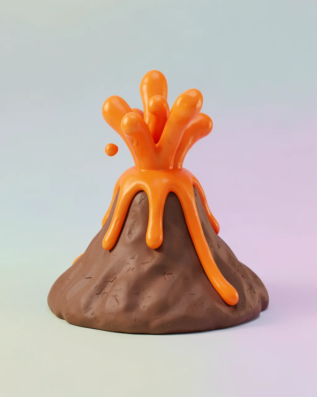 A stylized clay 3D volcano erupting bright orange lava against a soft pastel gradient background