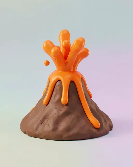 A stylized clay 3D volcano erupting bright orange lava against a soft pastel gradient background