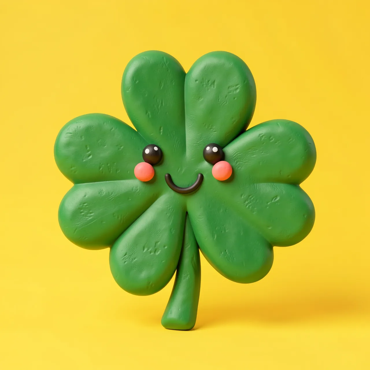A cheerful smiling clay 3D four leaf clover sits on a solid sunny yellow background