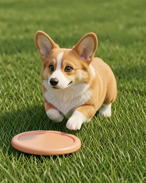 Chubby 3D corgi approaches a plain peach frisbee on lush green grass