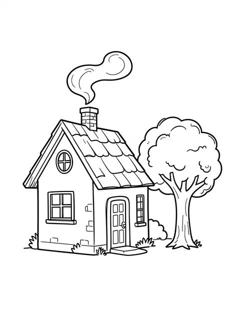 Simple black line art of a small cottage with wispy chimney smoke next to a round leafy tree on a white background