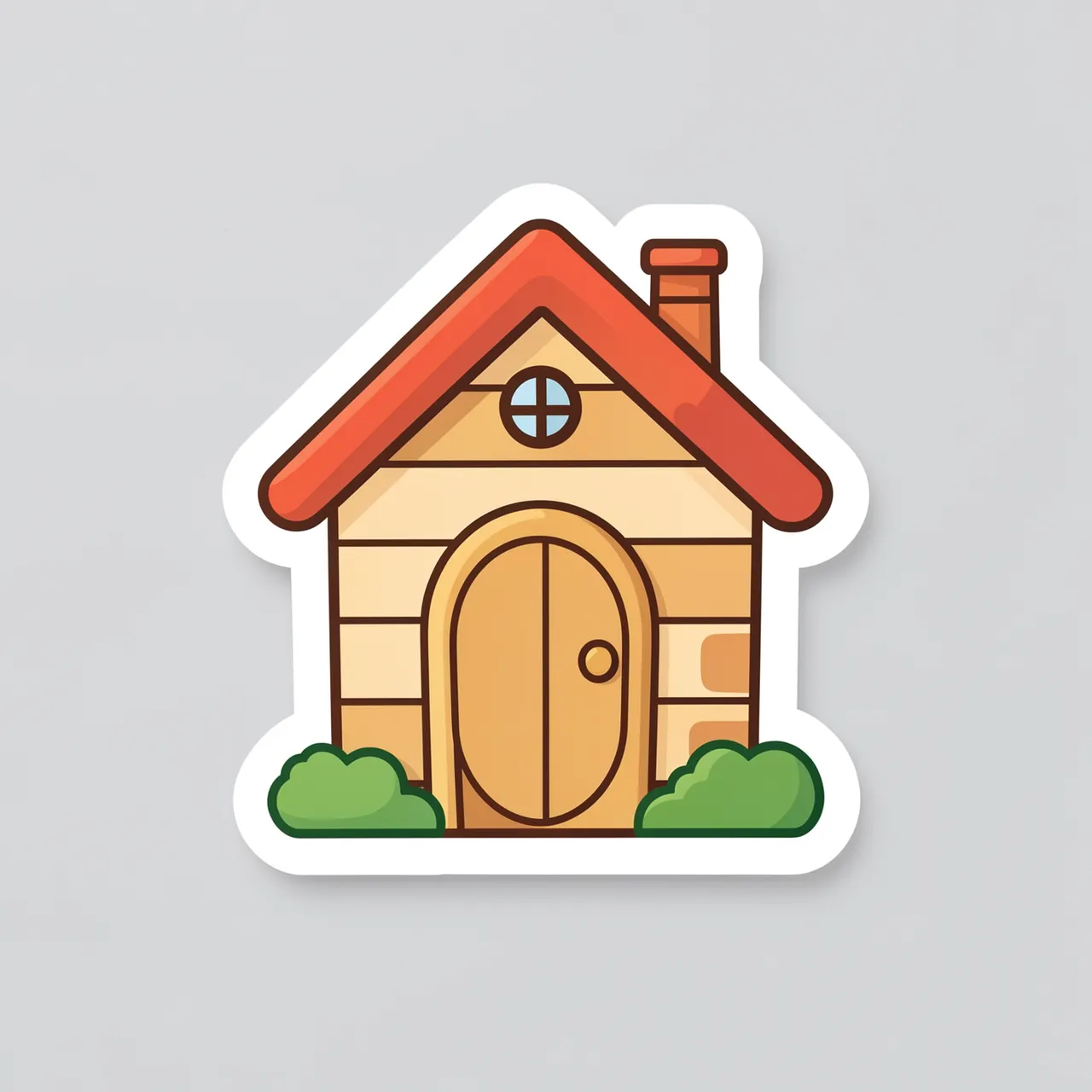 A die-cut sticker of a tiny cartoon cottage with a round door sits on a plain light gray background