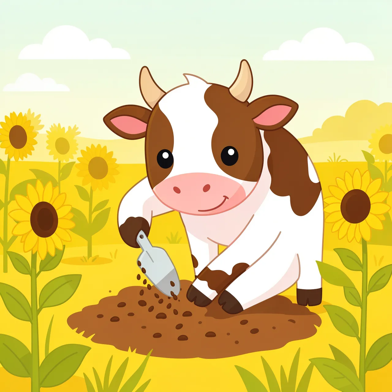 A cheerful cartoon cow uses a trowel to plant seeds in a sunny sunflower field