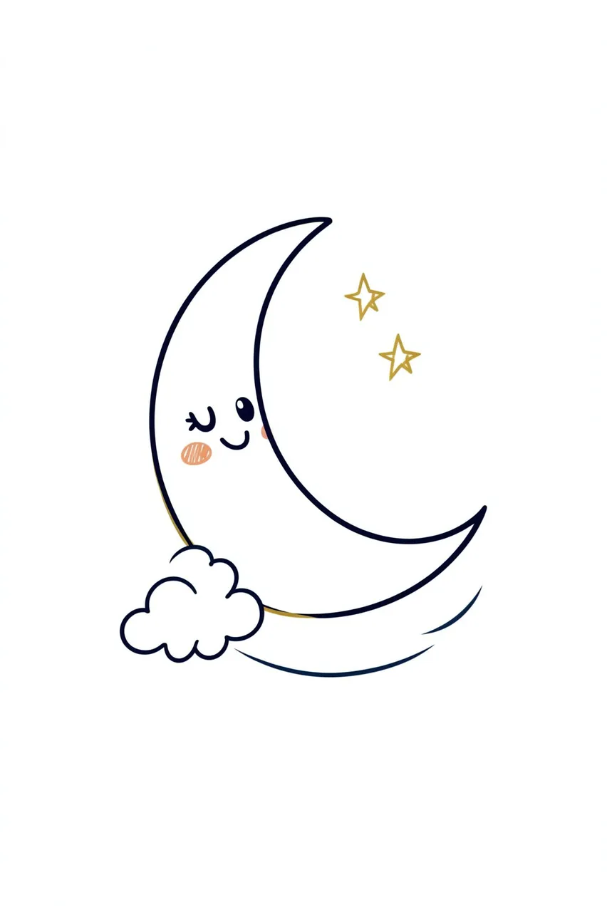 A winking smiling crescent moon sits beside a small cloud with two gold stars on a plain white background