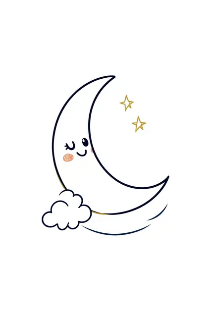 A winking smiling crescent moon sits beside a small cloud with two gold stars on a plain white background