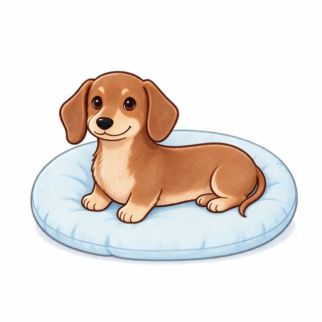 A cute cartoon dachshund puppy rests on a soft light blue round cushion against a plain white background