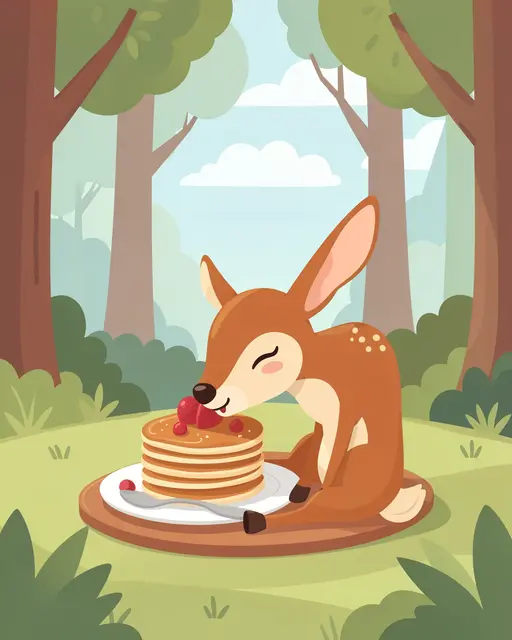 A cartoon fawn sits in a forest clearing eating a stack of berry-topped pancakes from a plate