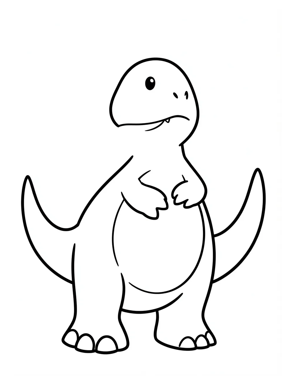Simple bold black line art of a friendly round-bellied cartoon dinosaur on a plain white background
