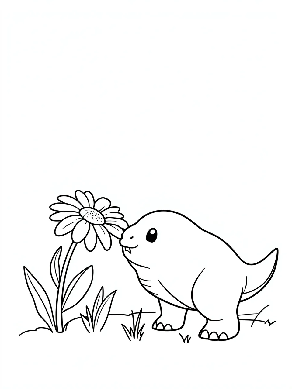 Bold black and white line art of a friendly cartoon dinosaur leaning to smell a daisy on grass.