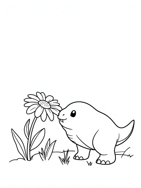 Bold black and white line art of a friendly cartoon dinosaur leaning to smell a daisy on grass.