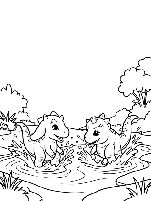 Black and white line art coloring page of two friendly baby dinosaurs splashing in a shallow stream surrounded by foliage