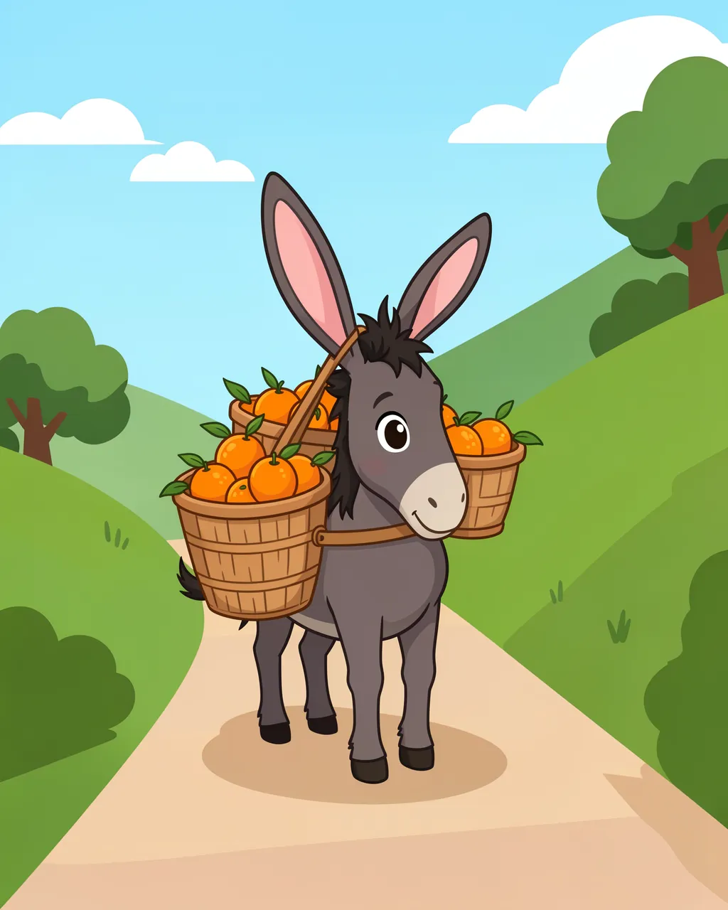 A cartoon donkey stands on a hillside lane carrying baskets full of ripe oranges