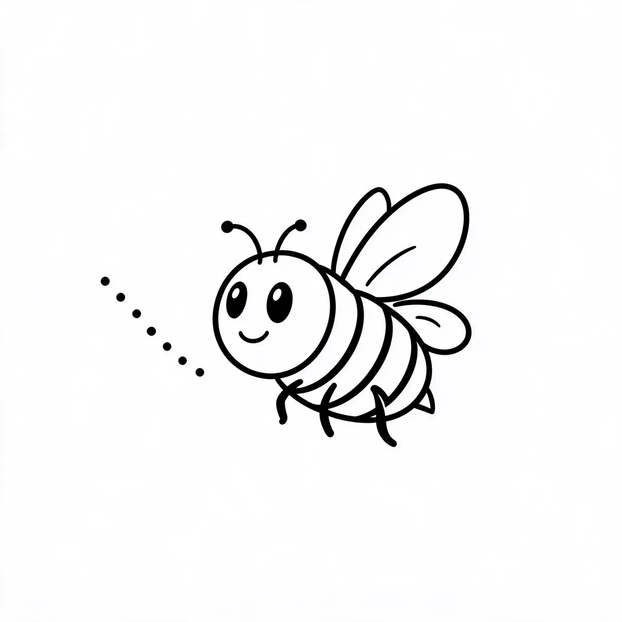 Simple black line drawing of a smiling round flying bee with a dotted flight trail on plain white background