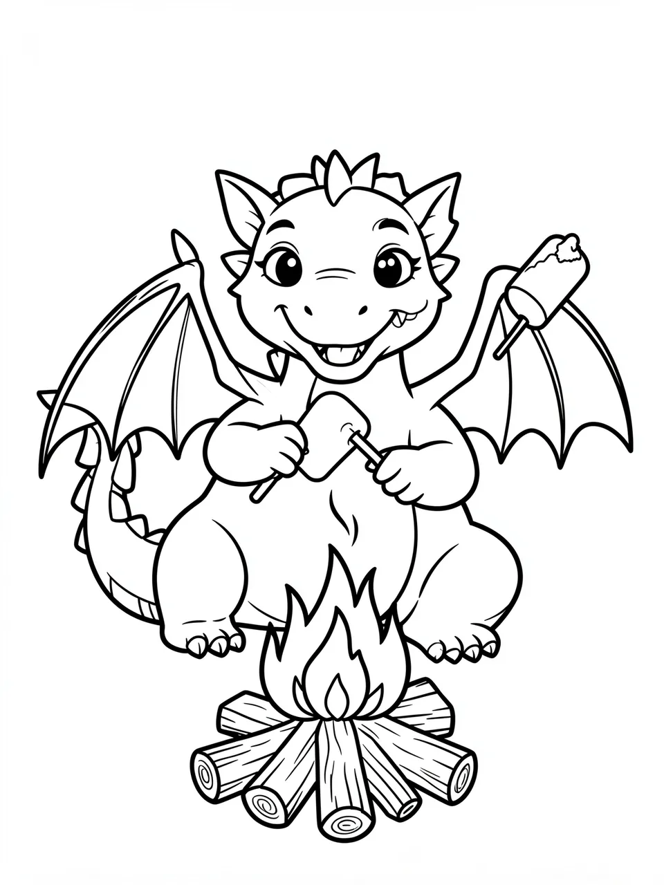 Black and white line art of a happy cartoon dragon toasting marshmallows over a campfire