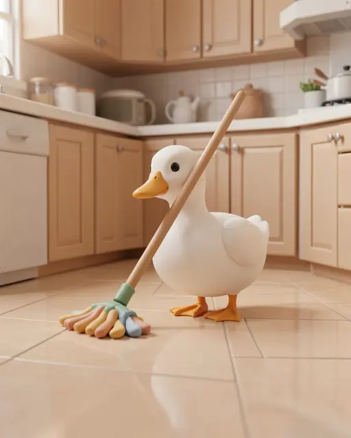 A soft clay style 3D render of a white duck standing with a mop on a shiny tiled kitchen floor