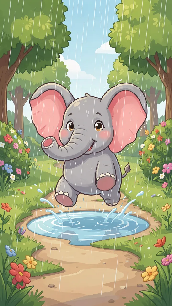 A cheerful cartoon elephant jumps above a rain puddle on a lush garden path during a light rain shower