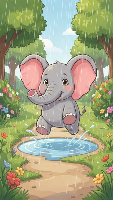 A cheerful cartoon elephant jumps above a rain puddle on a lush garden path during a light rain shower