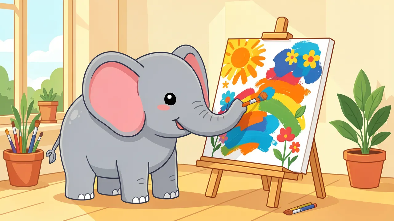 A cartoon elephant holds a paintbrush with its trunk to paint a colorful canvas in a sunlit studio.