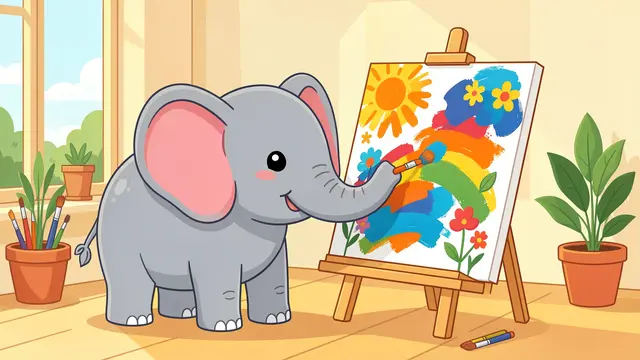 A cartoon elephant holds a paintbrush with its trunk to paint a colorful canvas in a sunlit studio.