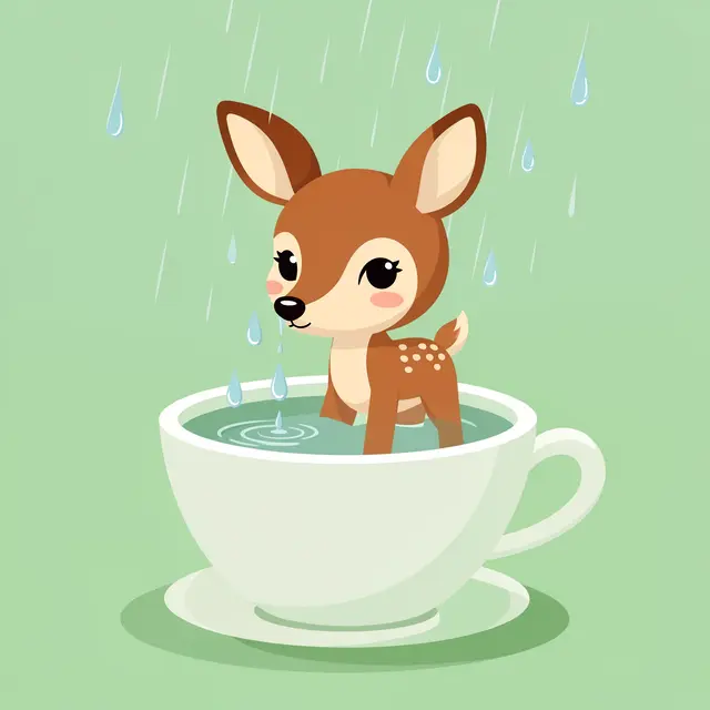 A cute cartoon fawn stands inside a teacup catching falling raindrops on a soft green background