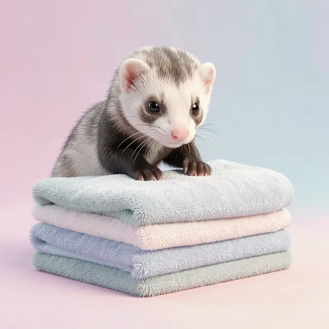 A fluffy 3D rendered ferret rests its paws on a stack of pastel folded towels against a soft gradient background.