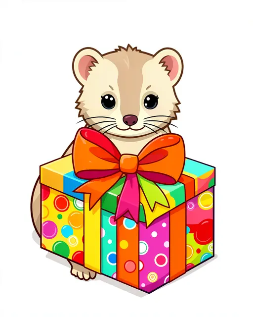 Cartoon ferret peeking over a brightly polka-dotted wrapped present with a large rainbow bow