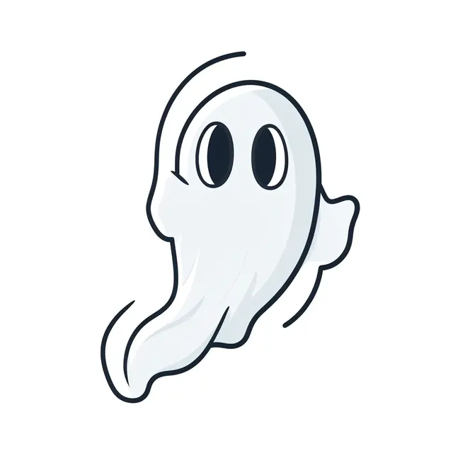 Flat cartoon illustration of a floating ghost with big oval eyes on a plain white background
