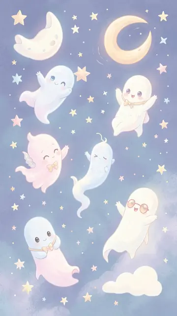 Pastel vertical illustration of cheerful little ghosts floating among stars, crescent moons and soft clouds.