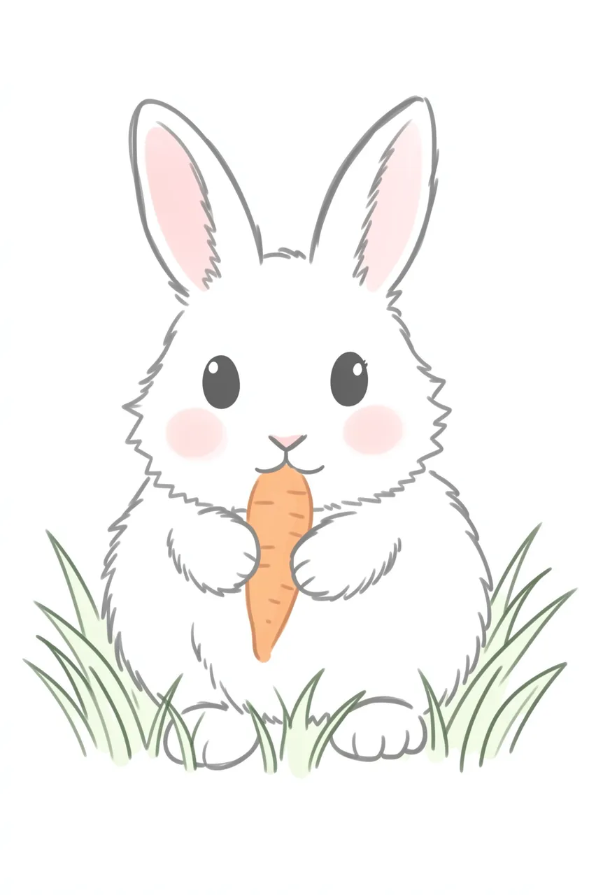 Soft gray line drawing of a fluffy bunny with pink cheeks holding a carrot while sitting in grass