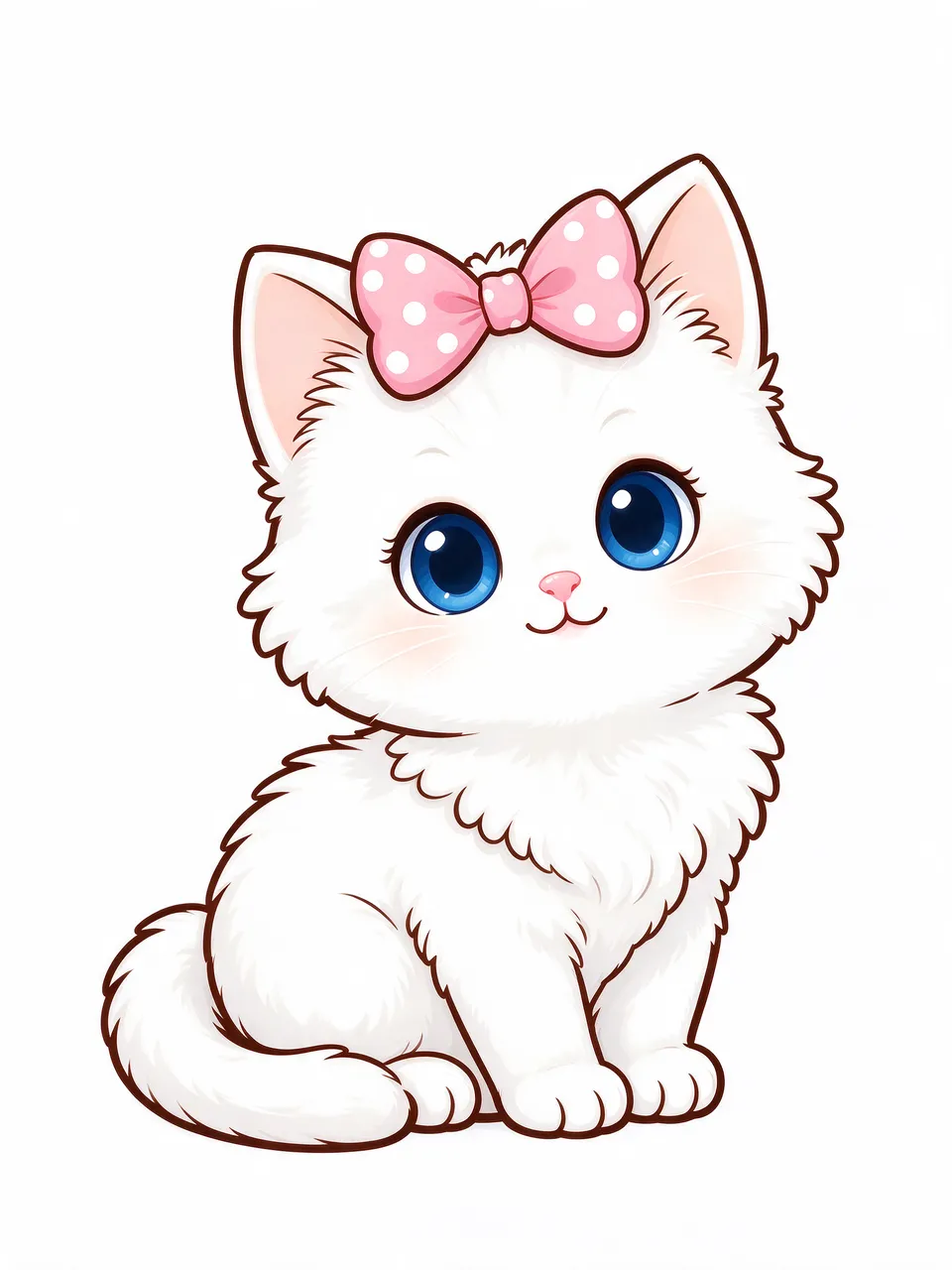 A cute cartoon fluffy white kitten wears a pink polka dot bow and has big bright blue eyes