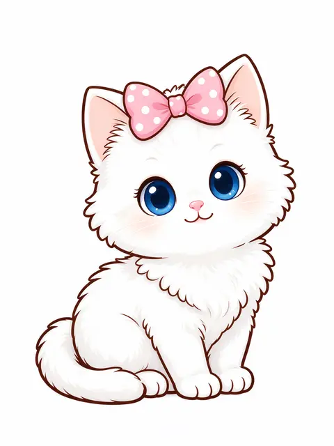 A cute cartoon fluffy white kitten wears a pink polka dot bow and has big bright blue eyes