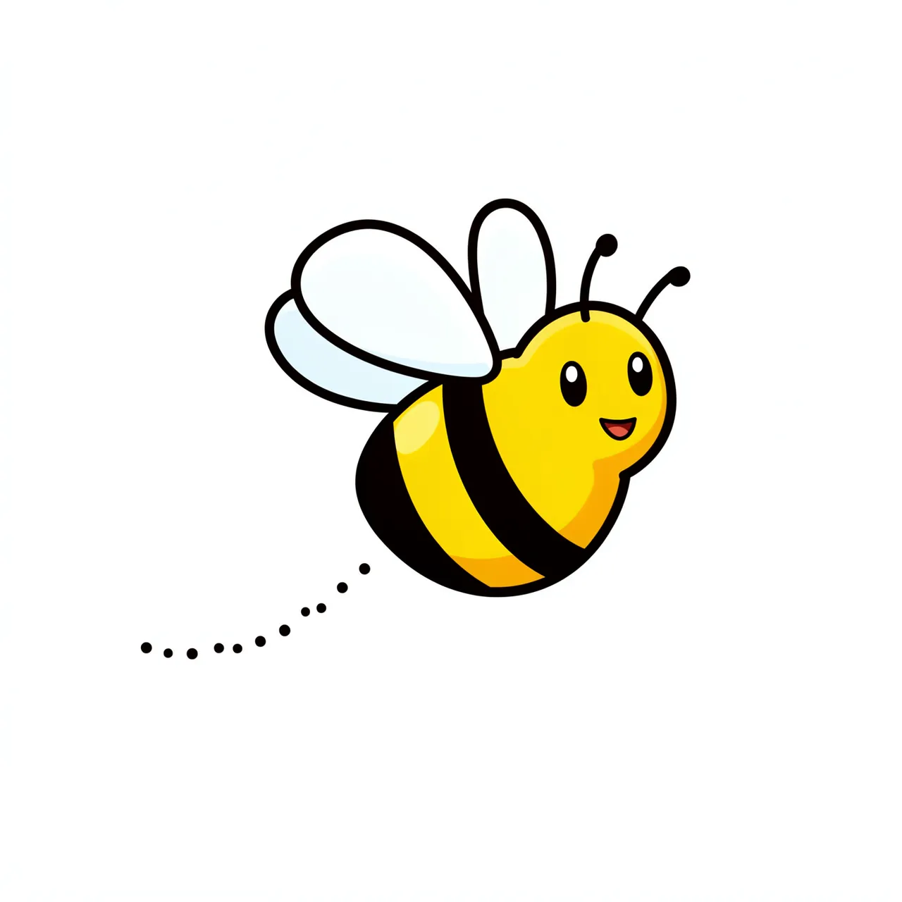 Smiling cartoon honeybee flying with a dotted trail, isolated on a plain white background