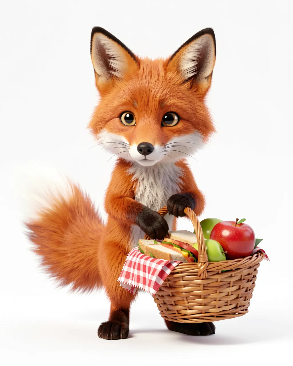 Charming 3D rendered red fox holds a wicker picnic basket filled with sandwiches and apples against a plain white background