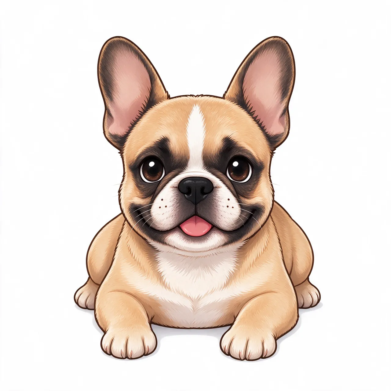 A cute cartoon French bulldog puppy lies on its tummy against a plain white background.