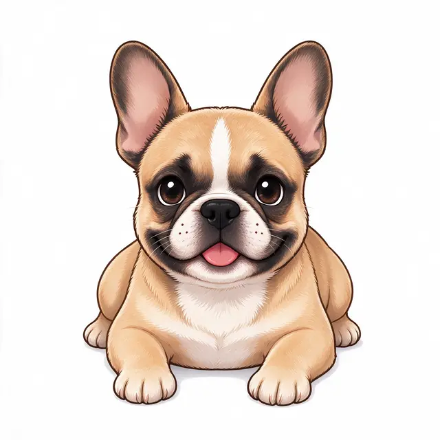 A cute cartoon French bulldog puppy lies on its tummy against a plain white background.