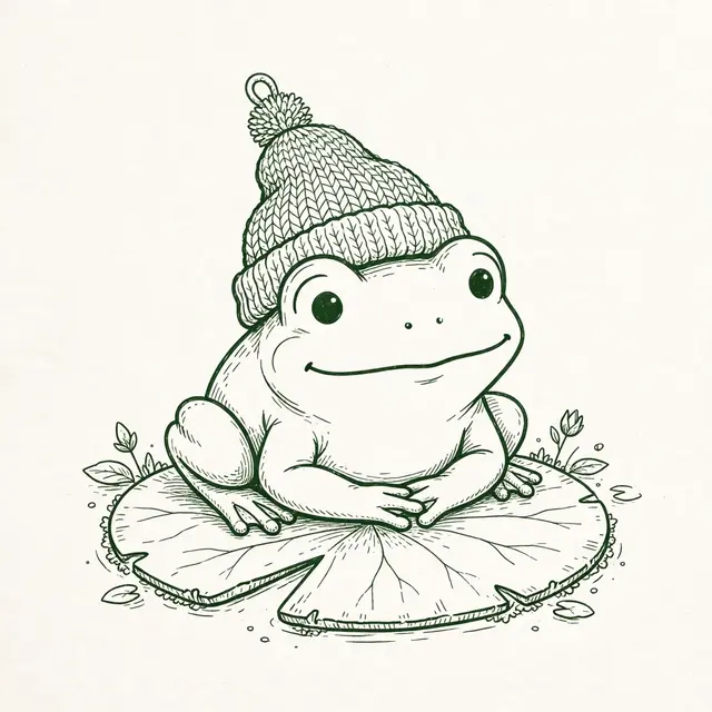 A friendly line drawn frog wearing a tiny knitted hat sits calmly on a lily pad.