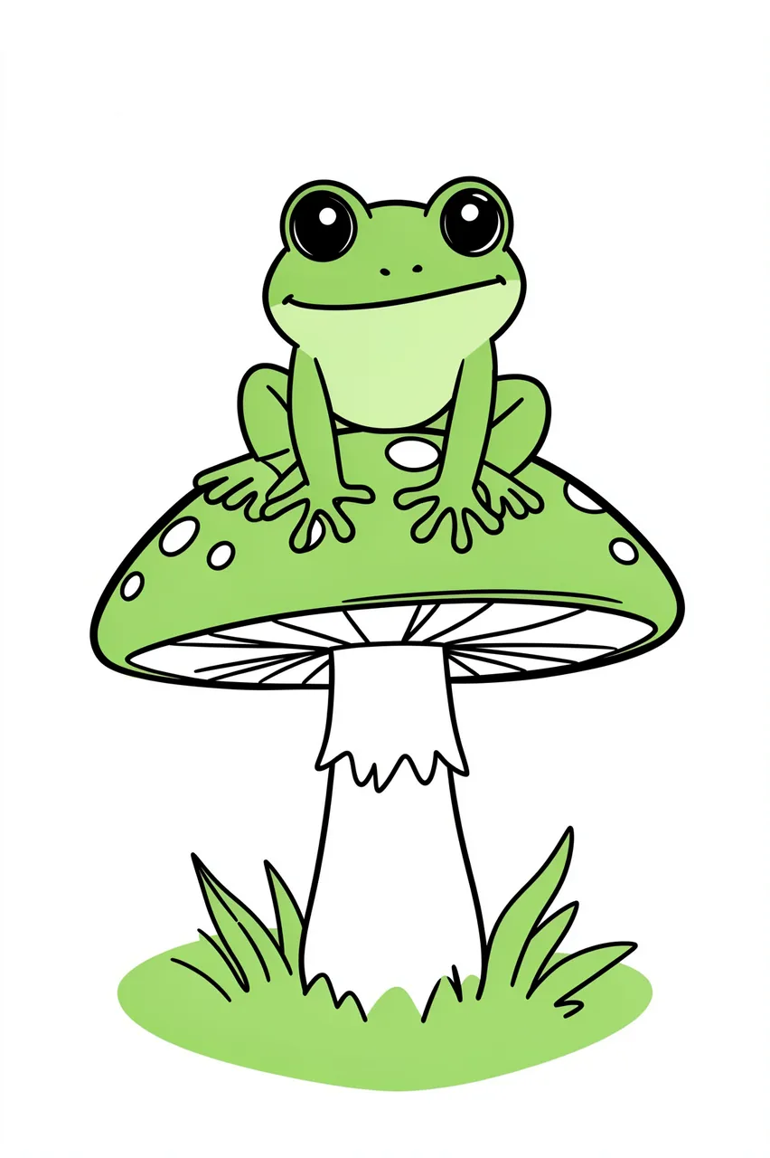 A smiling cartoon frog sits perched on top of a spotted green toadstool above grass