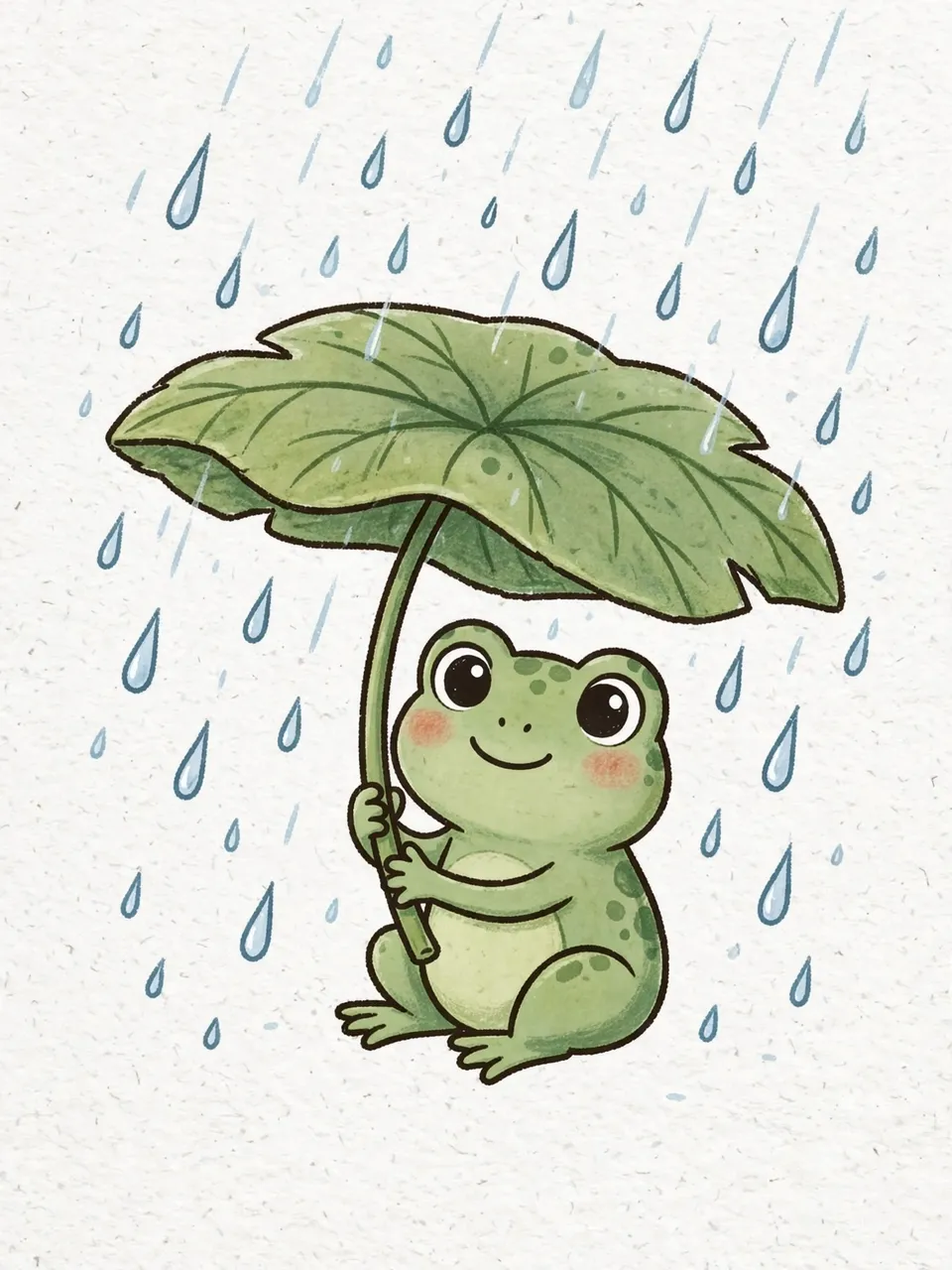 A smiling cartoon green frog sits holding a large leaf umbrella under falling raindrops on textured white paper