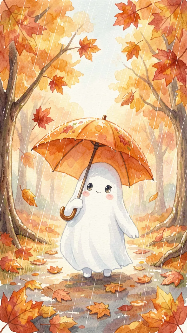 A friendly little ghost holds an orange umbrella while standing in a rainy autumn forest with falling maple leaves