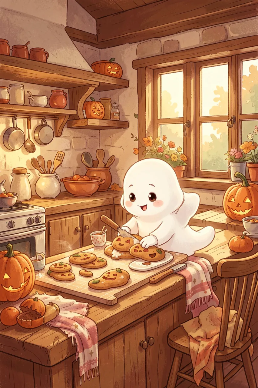 A friendly little ghost decorates pumpkin-shaped cookies in a warm cozy cottage kitchen for Halloween.