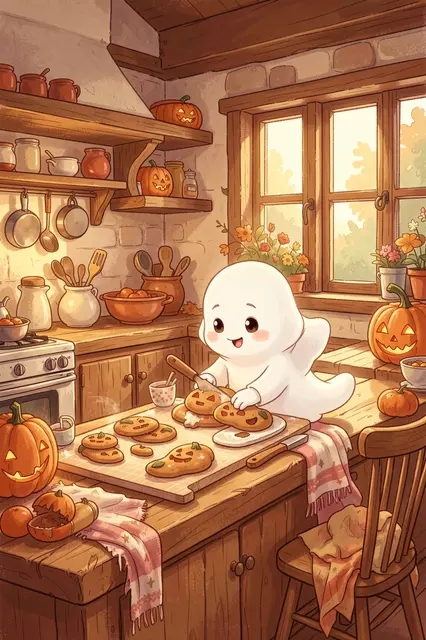 A friendly little ghost decorates pumpkin-shaped cookies in a warm cozy cottage kitchen for Halloween.